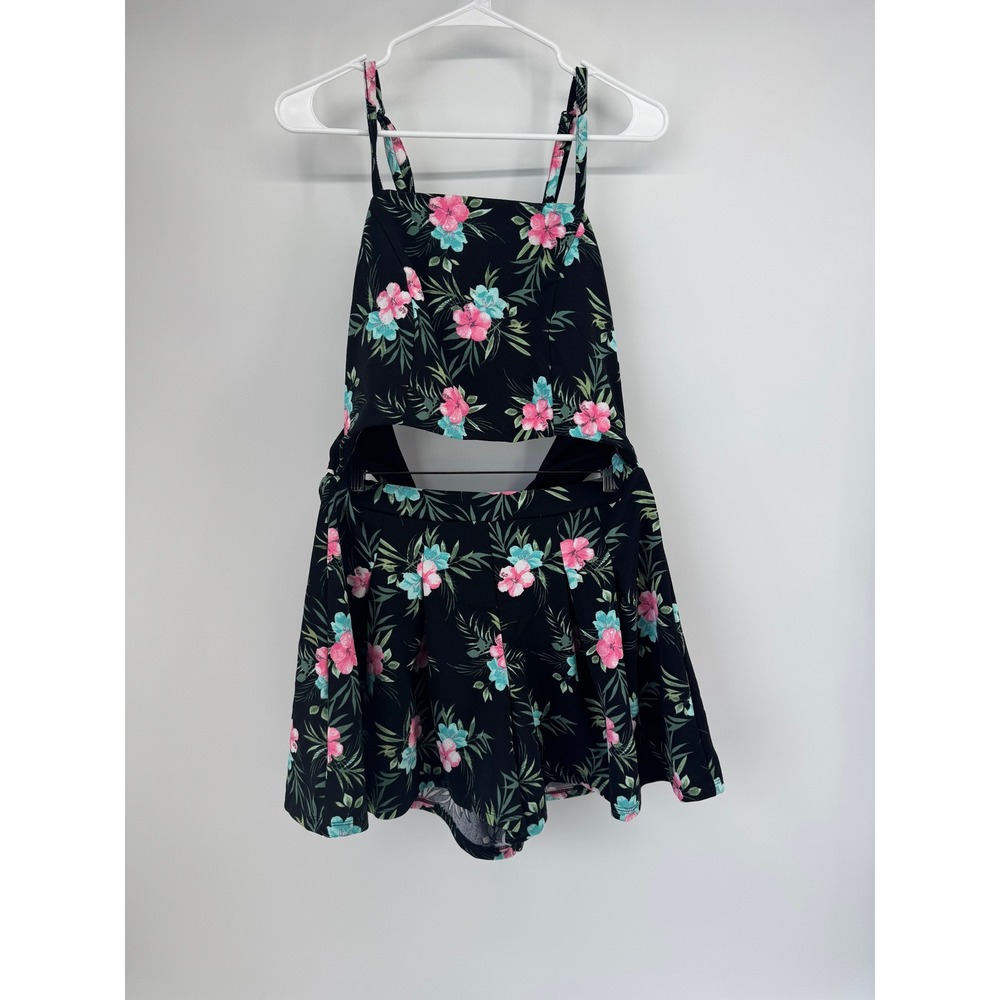 Madden NYC Juniors 1X Tropical Floral Set Romper Black Pink 1X